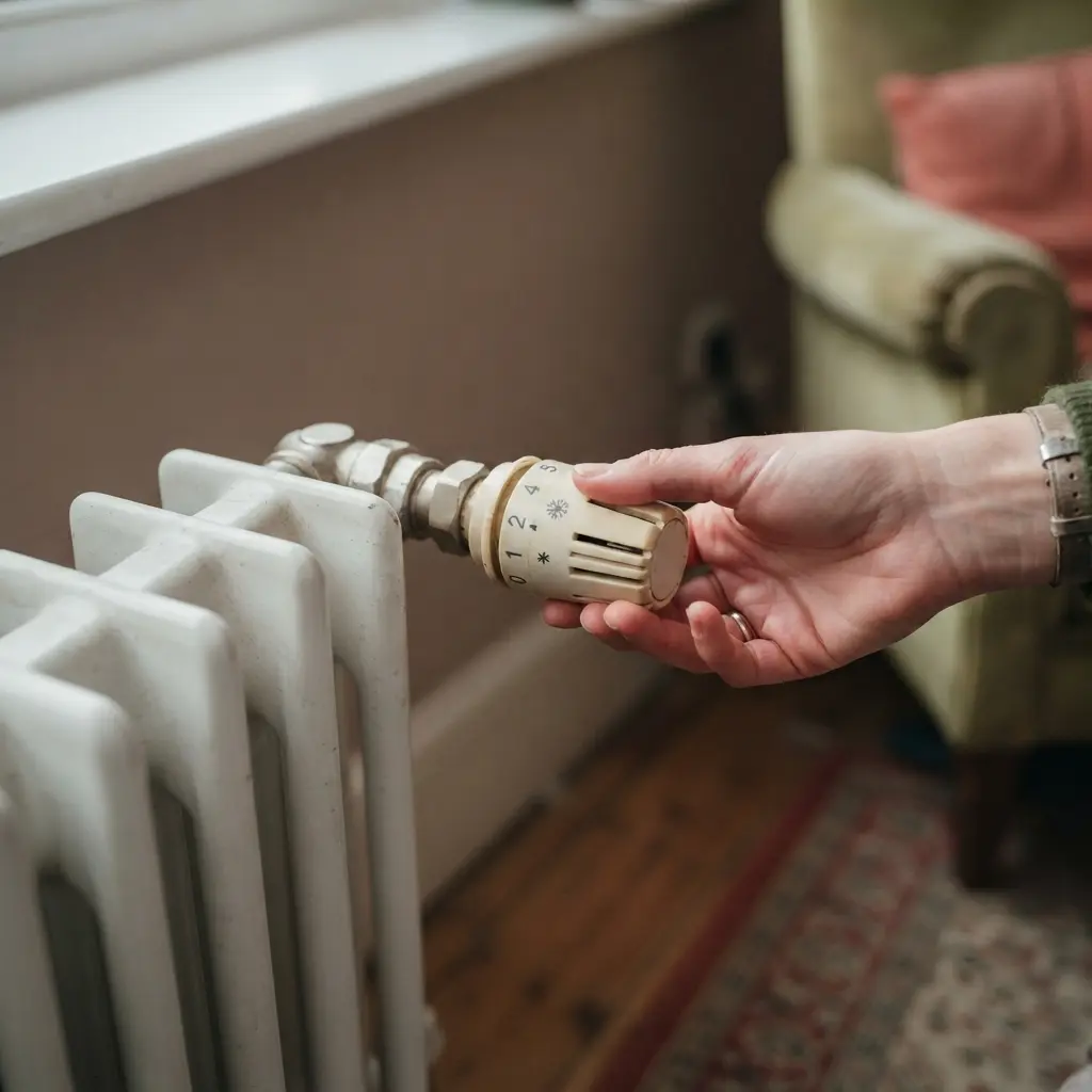 Hand adjusting a cold radiator with a broken heating system in a rented home