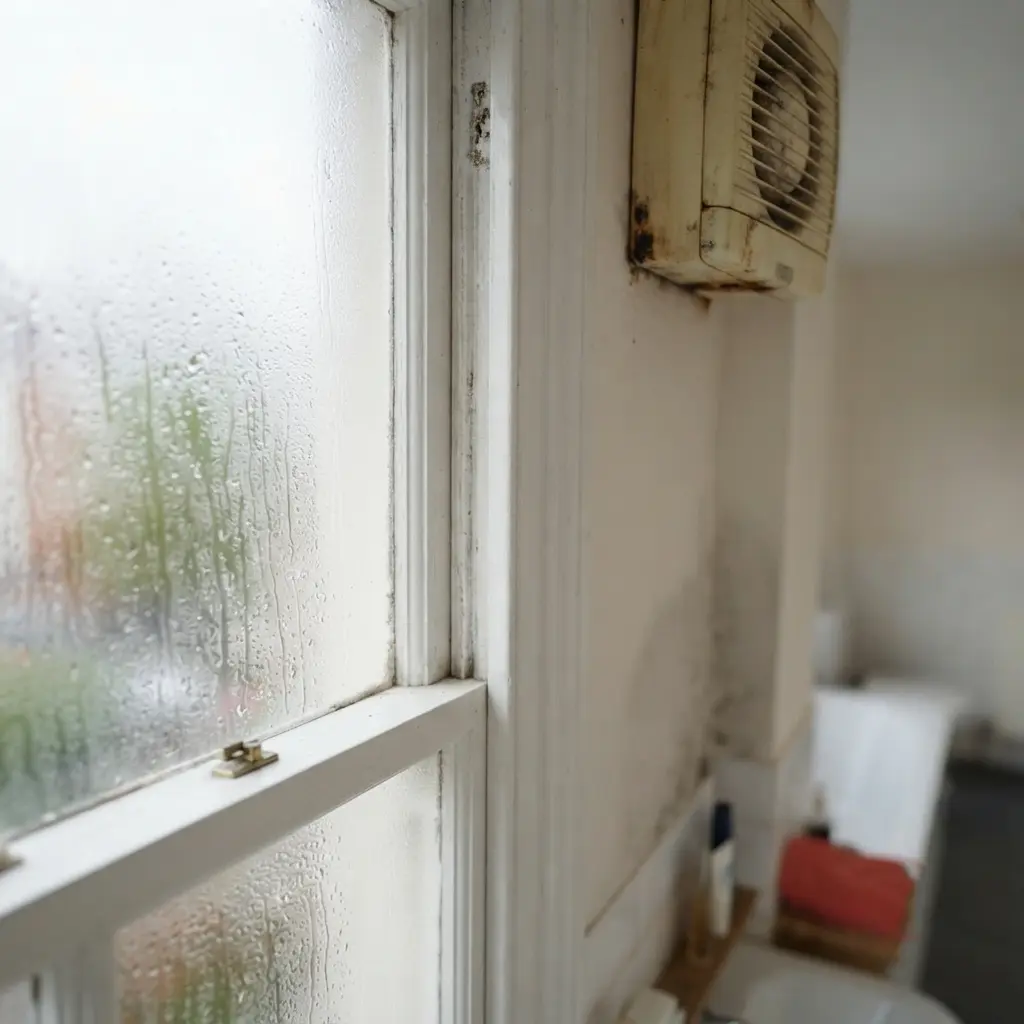 Condensation on a window with a broken extractor fan showing poor ventilation