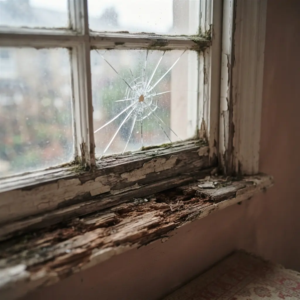 Cracked window pane and rotten frame in a rented home needing repair