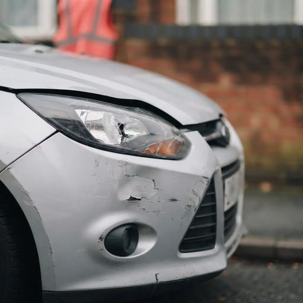 Damaged car bumper and headlight after a road traffic accident in the UK