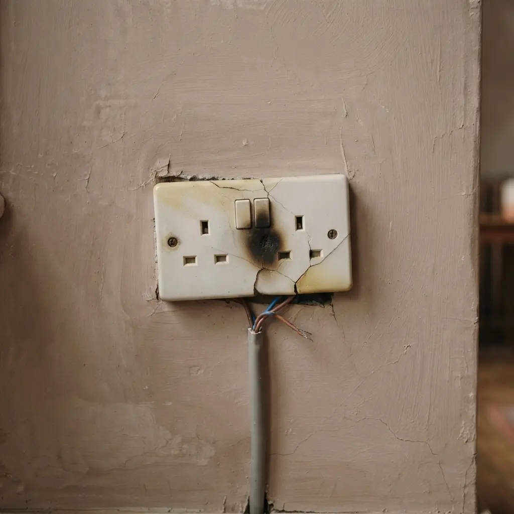Cracked and scorched electrical socket showing an unsafe fault in a rented home