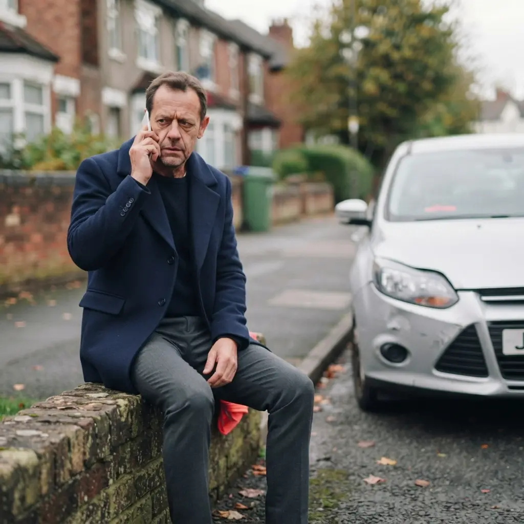 Driver calling for help beside a damaged car after a road traffic accident