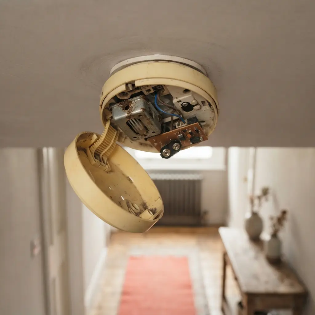 Faulty non-working smoke alarm in a rented home showing a fire safety concern