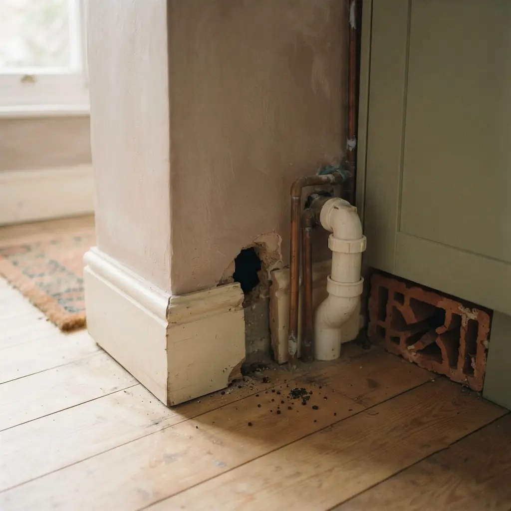 Gap around pipework allowing pests to enter a rented home due to disrepair