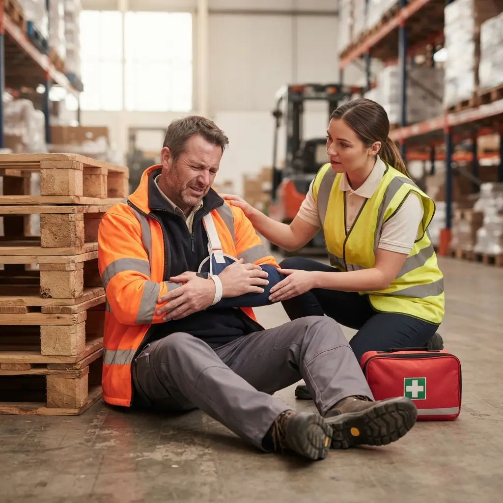 Injured worker being assisted after a workplace accident in a warehouse