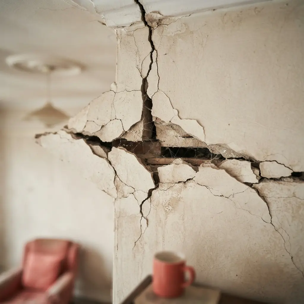 Wide structural crack where a wall meets the ceiling in a rented home