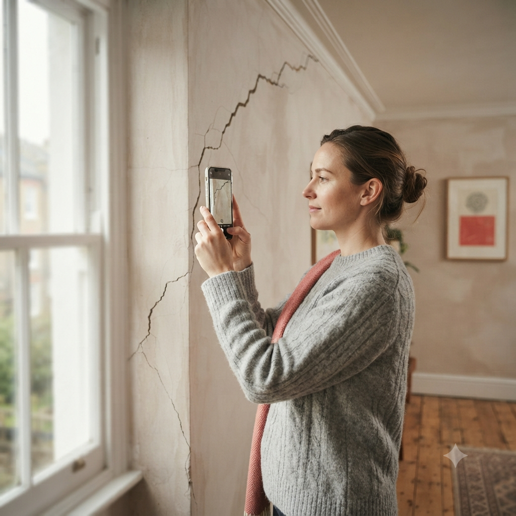 Tenant photographing wall cracks to support a housing disrepair claim