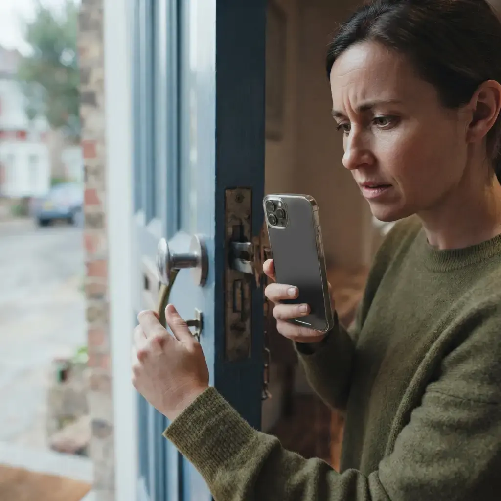 Tenant inspecting a faulty door lock to support a security concerns claim