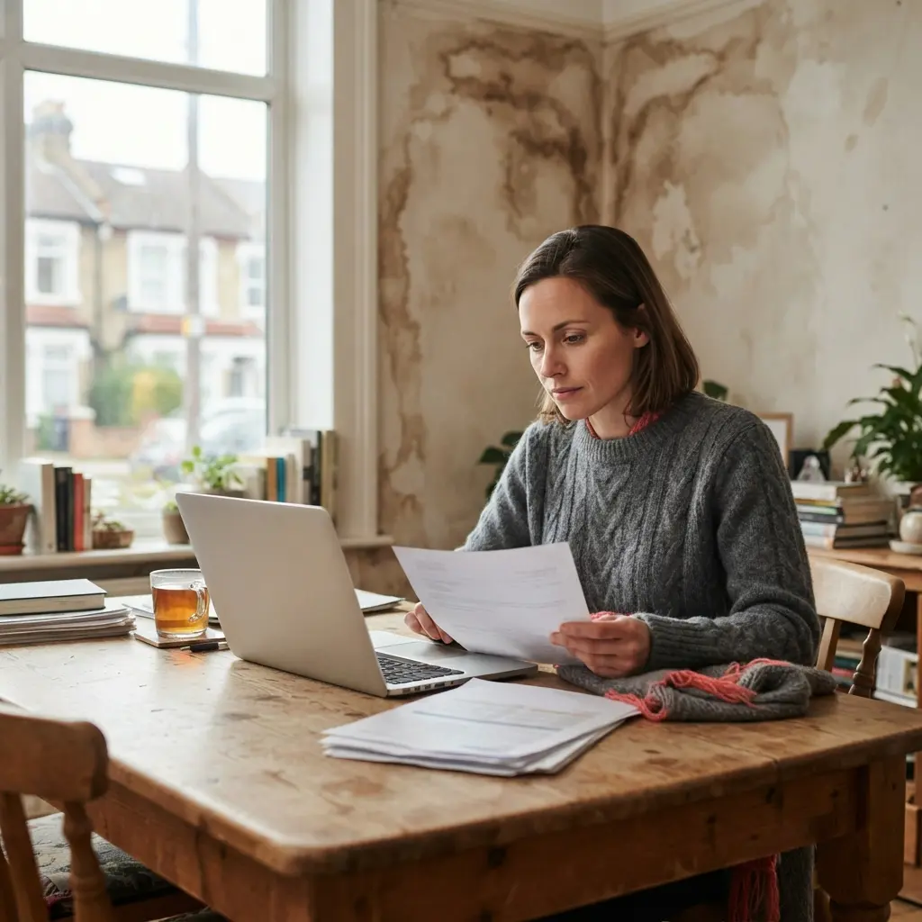 Tenant reviewing paperwork to make a water leak claim against their landlord