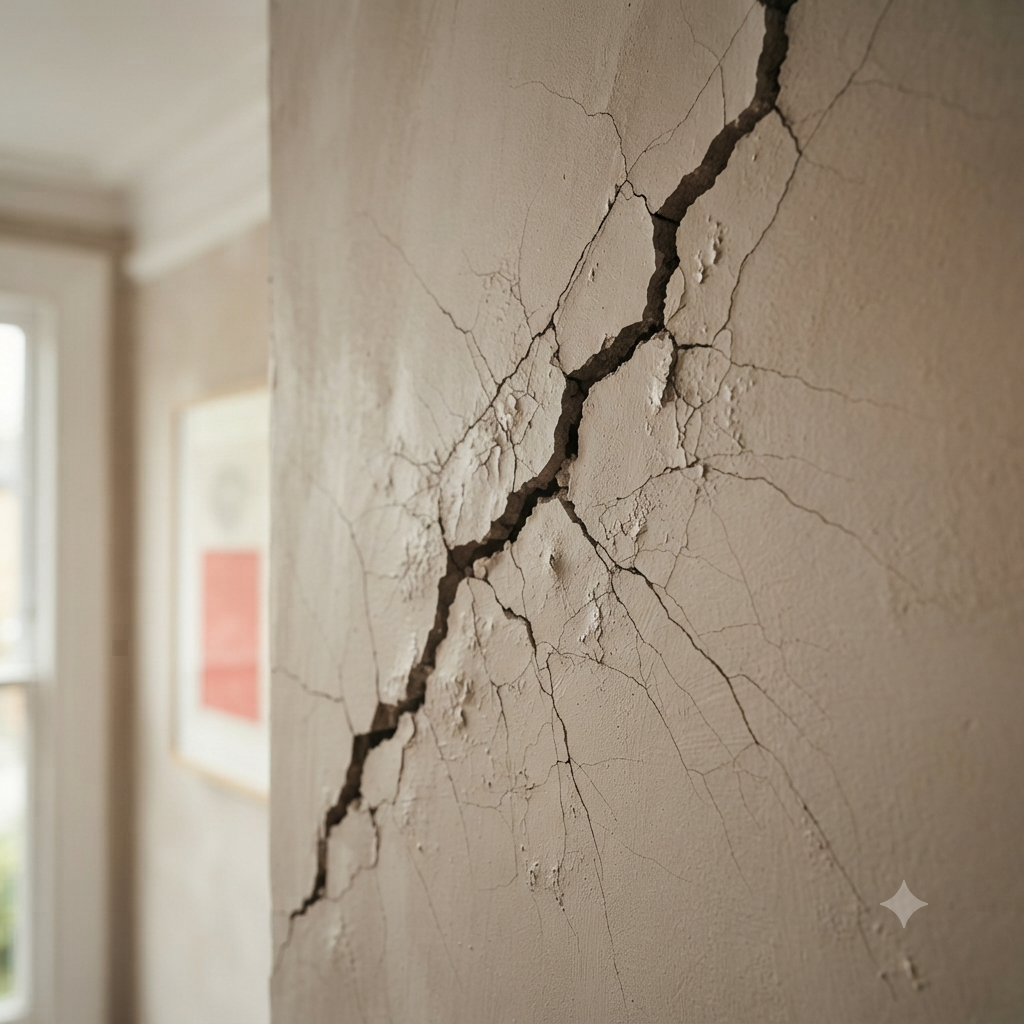 Close-up of a jagged crack in an interior wall of a rented home