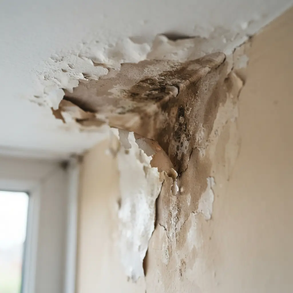 Water-damaged ceiling with peeling paint and a brown stain in a rented home