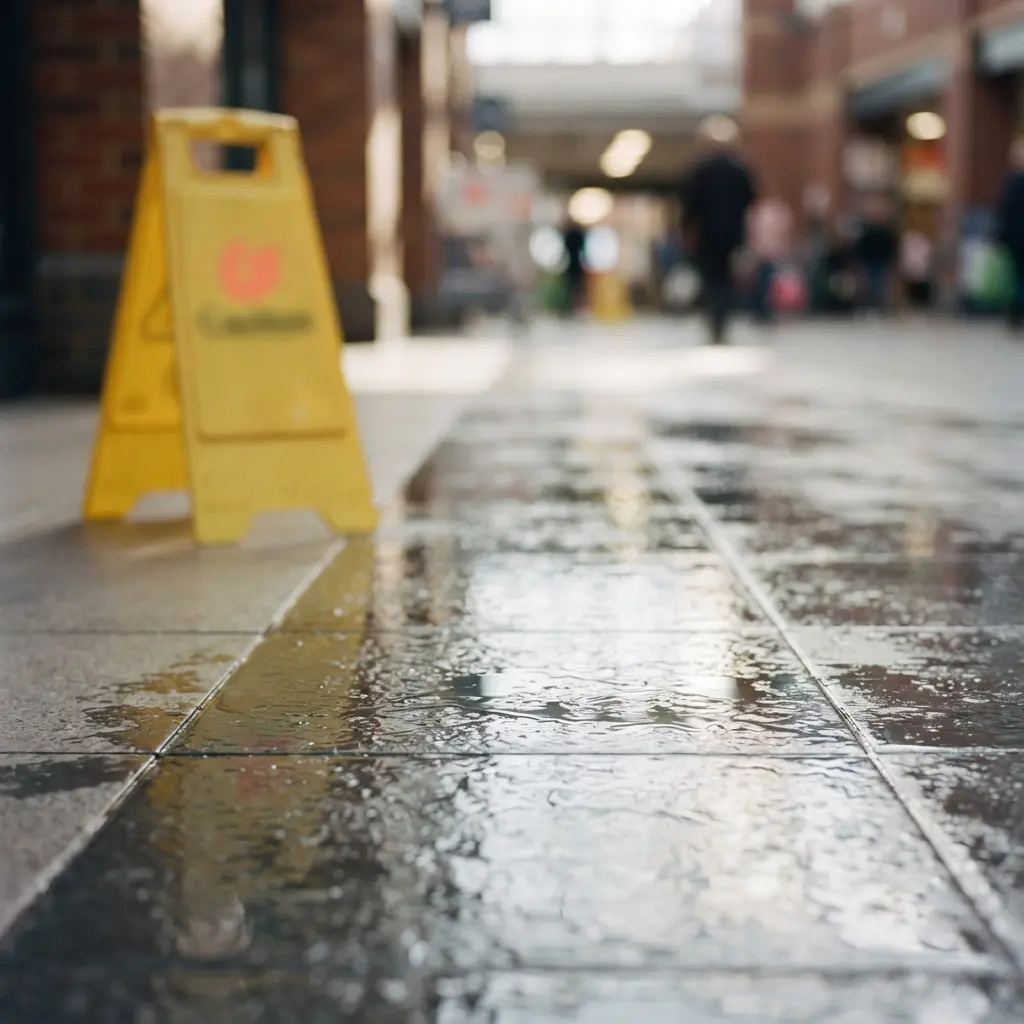 Wet slippery floor hazard in a public place that can cause a slip or trip